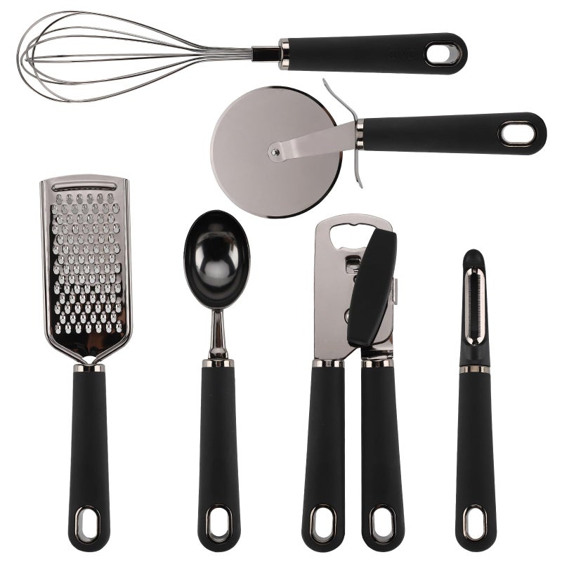 Country Kitchen 6 Pc Essentials Kitchen Stainless Steel Gadget Set Black Gun Metal with Soft Touch Black Handles for Cooking - Image 1